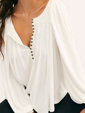 Free People Devin Poet Balloon Sleeve White Long Sleeve Peasant Blouse